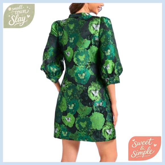 Floral Jacquard Shift Dress Long Puff Sleeve Button Up Cocktail Mini - Picture 4 of 7